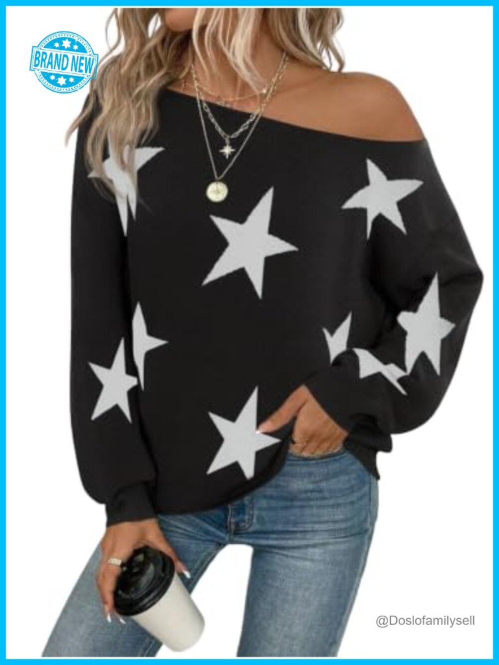 Off Shoulder Knit Pullover Sweater Boat Neck Batwing Sleeve Oversized Tunic